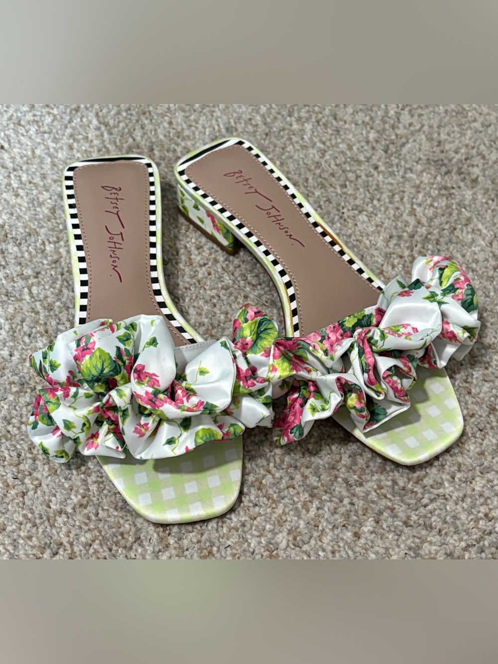 Betsey Johnson White Floral Ruffle Heels with Pink & Green Accents